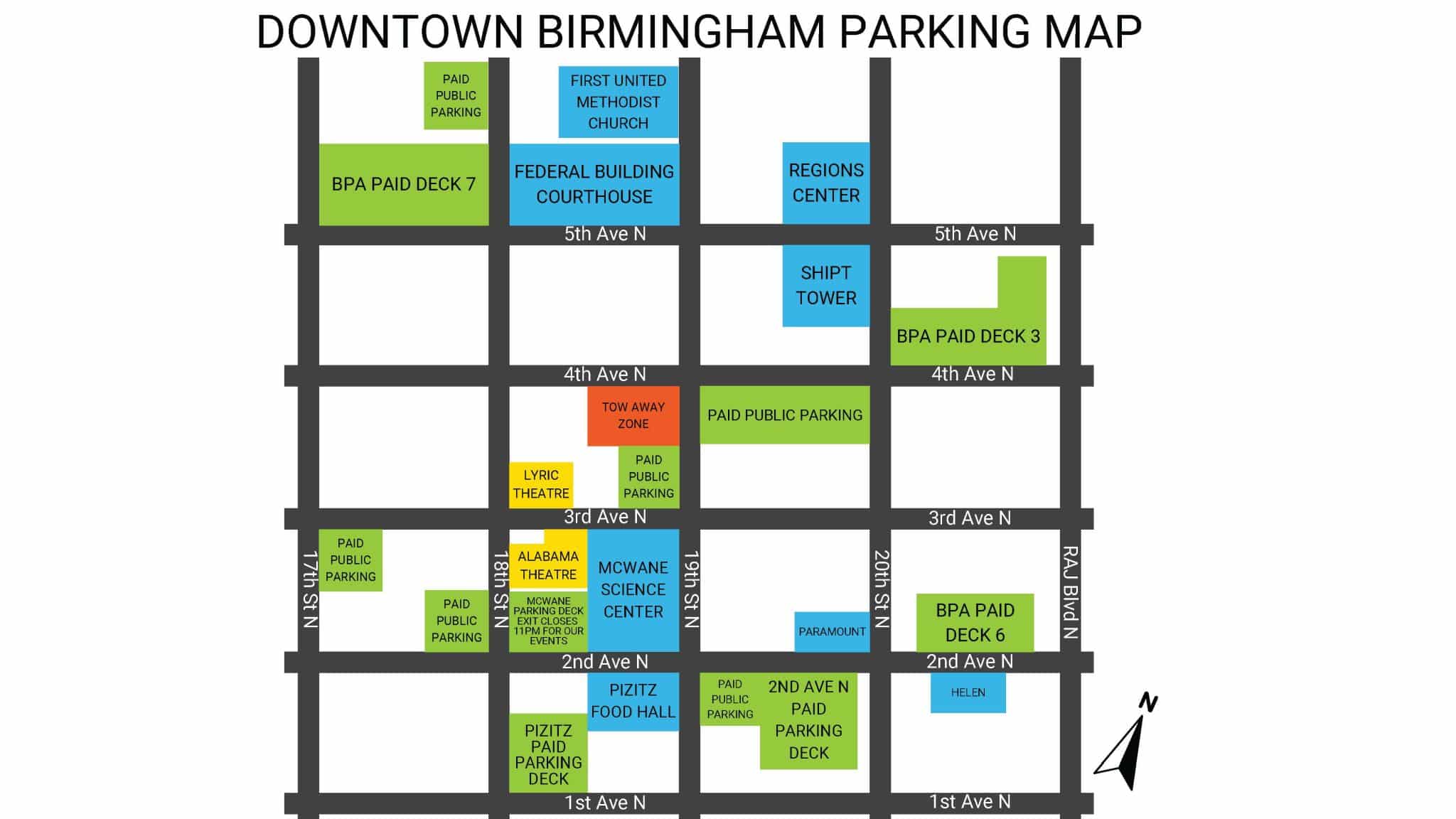 Parking map to McWane Science Center in downtown Birmingham with BPA decks 3, 6, 7 and paid lots near 2nd Ave N & 19th St N