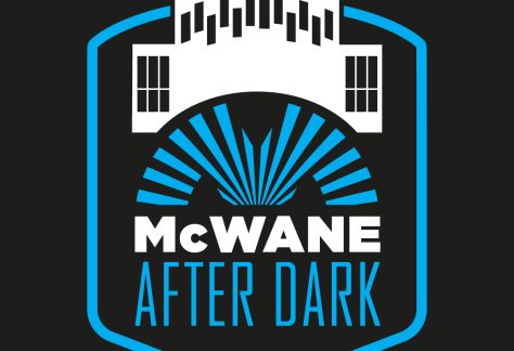 McWane Science Center After Dark event logo with blue shield and building silhouette