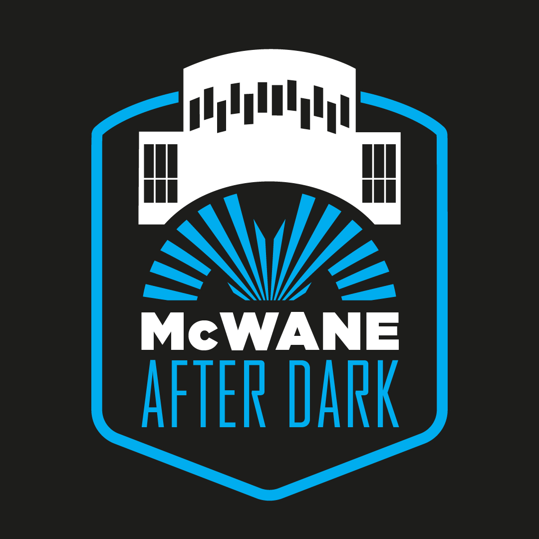 McWane Science Center After Dark event logo with blue shield and building silhouette