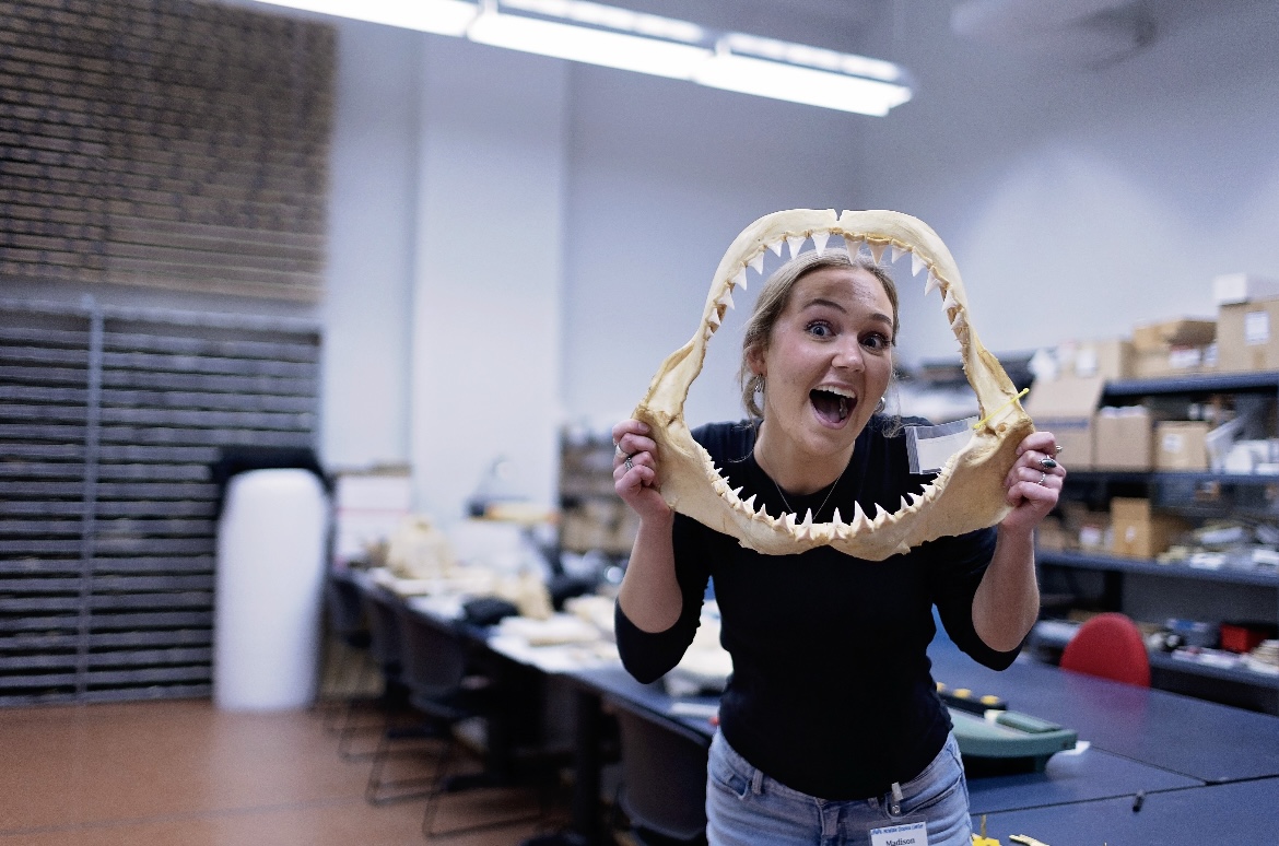A woman holds a shark jaw in a lab, smiling to the camera.