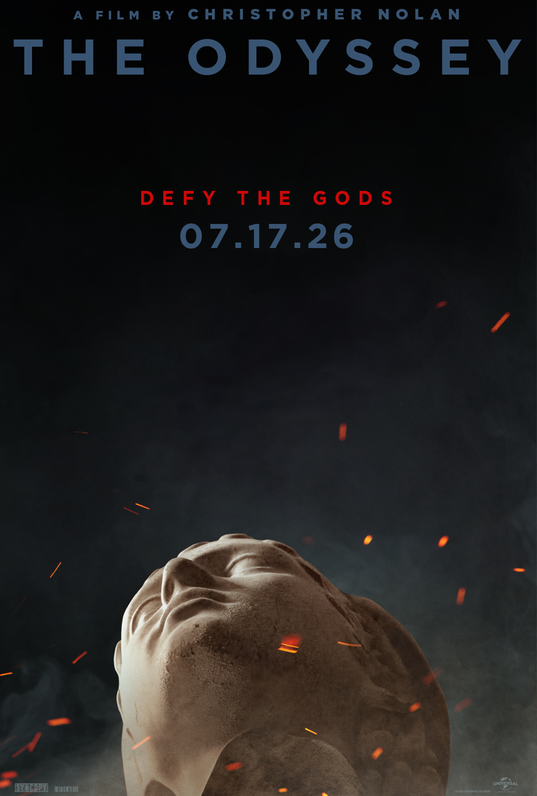Ancient marble statue head with sparks; poster reads The Odyssey, Defy the Gods, 07.17.26 - kids science center STEM exhibit