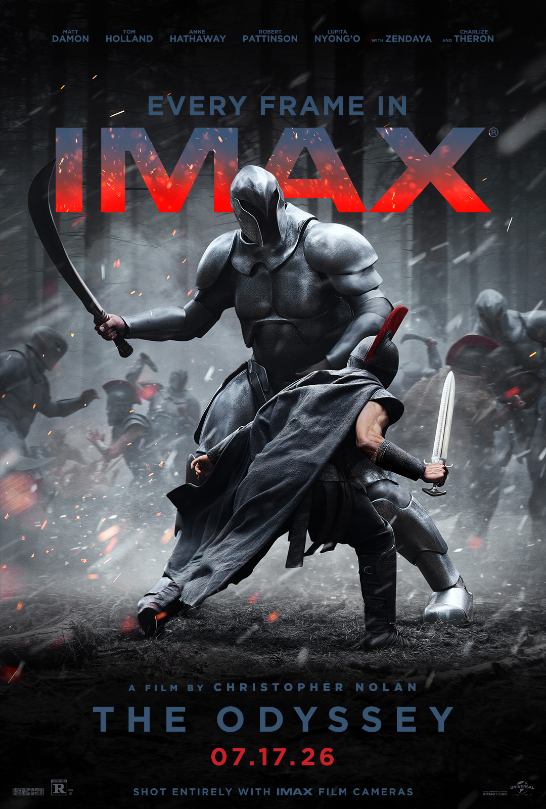 Science center IMAX poster: The Odyssey, armored warriors battling in a forest, 07.17.26.