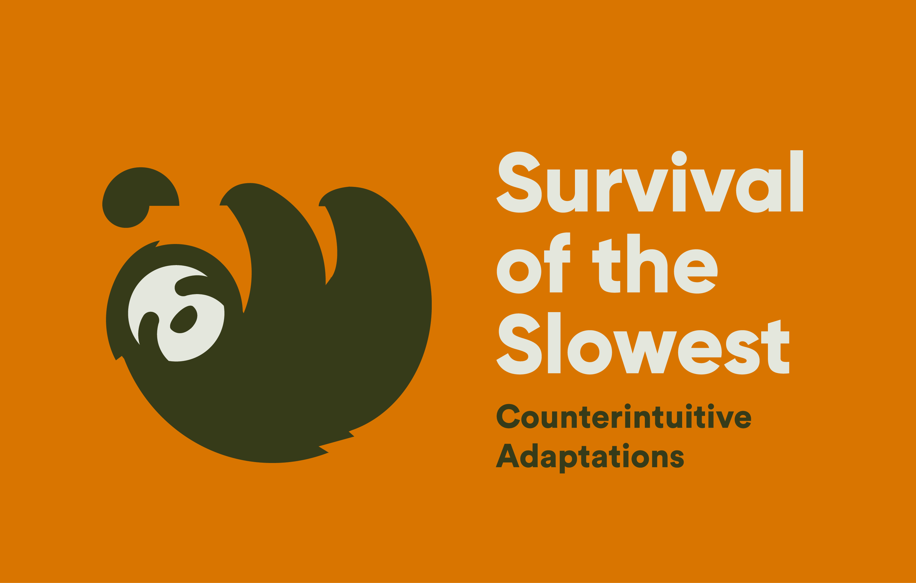 Children's science center exhibit: Survival of the Slowest poster with sloth, counterintuitive adaptations.